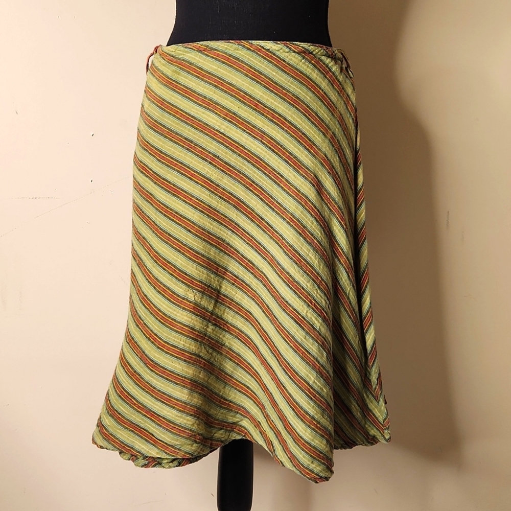 Y2K  Green Linen stripe Midi  Western boho wrap skirt Festival